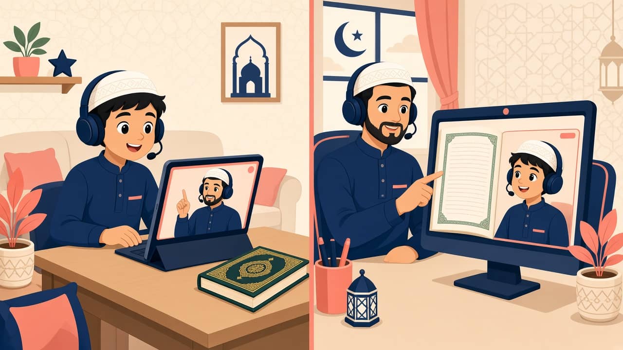 Child with headphones learning Quran one-on-one on an iPad while a male teacher shows a sipara on screen